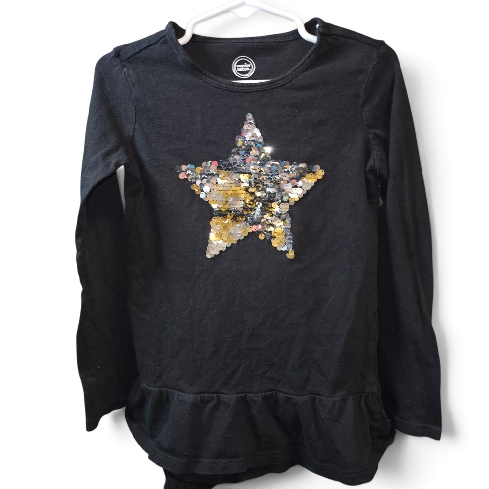 Wonder Nation Sequin Star Top Girls XS 4-5 Black Excellent Peplum‎ Long Sleeve